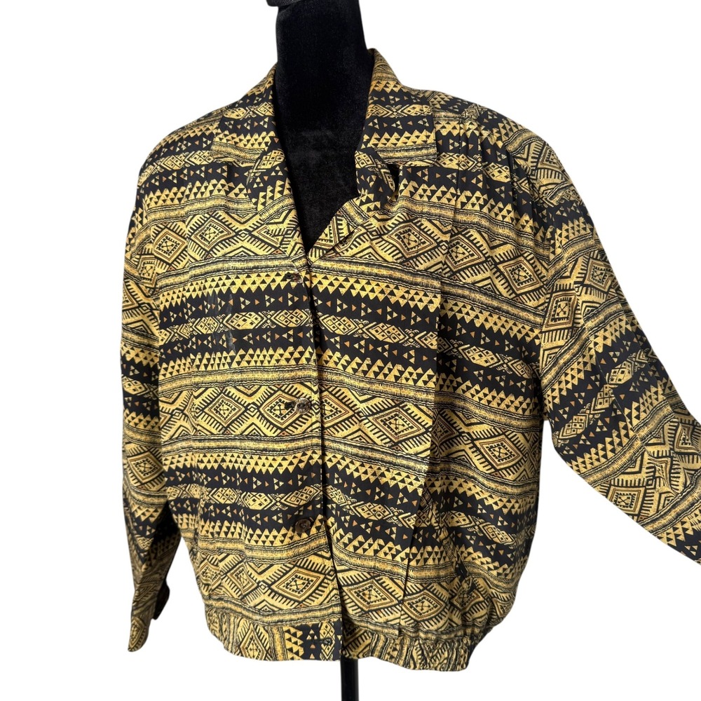 Vintage 80s Silk Aztec Geometric Slouchy Jacket Size S Petite Black Gold Tribal